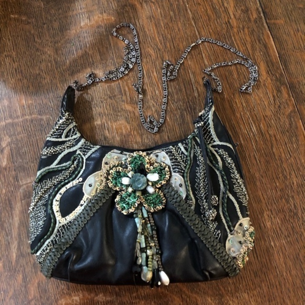 Mary Frances Black and Green Embellished Crossbody Bag